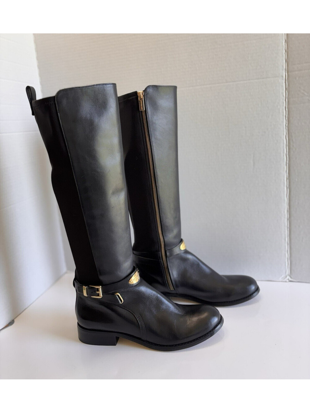 Michael Kors Arley Tall Riding Boots Women's Size 9M Black Leather Stretch Zip - Picture 2 of 16